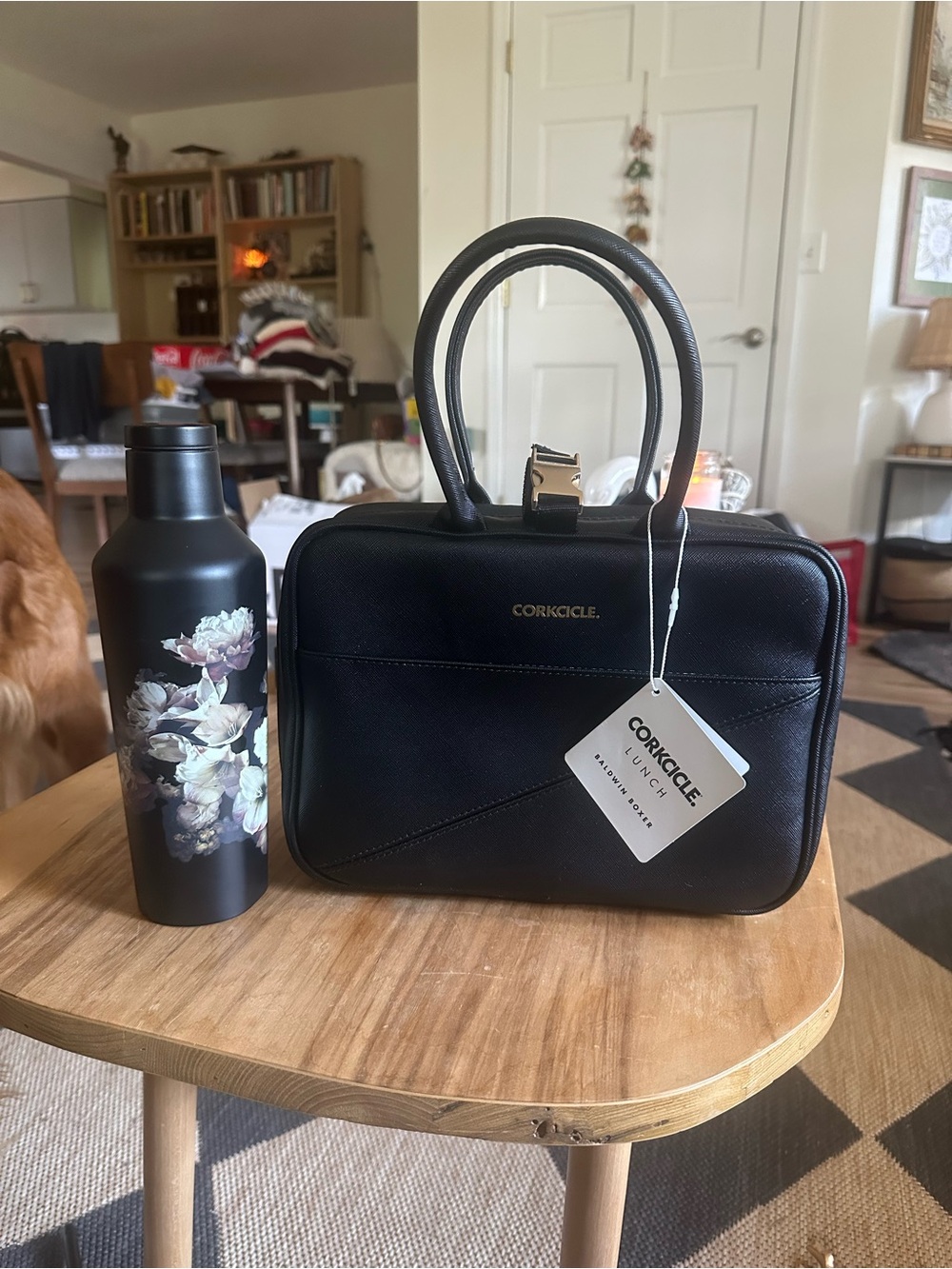 Corkcicle baldwin boxer black lunch box and floral design bottle new, never used